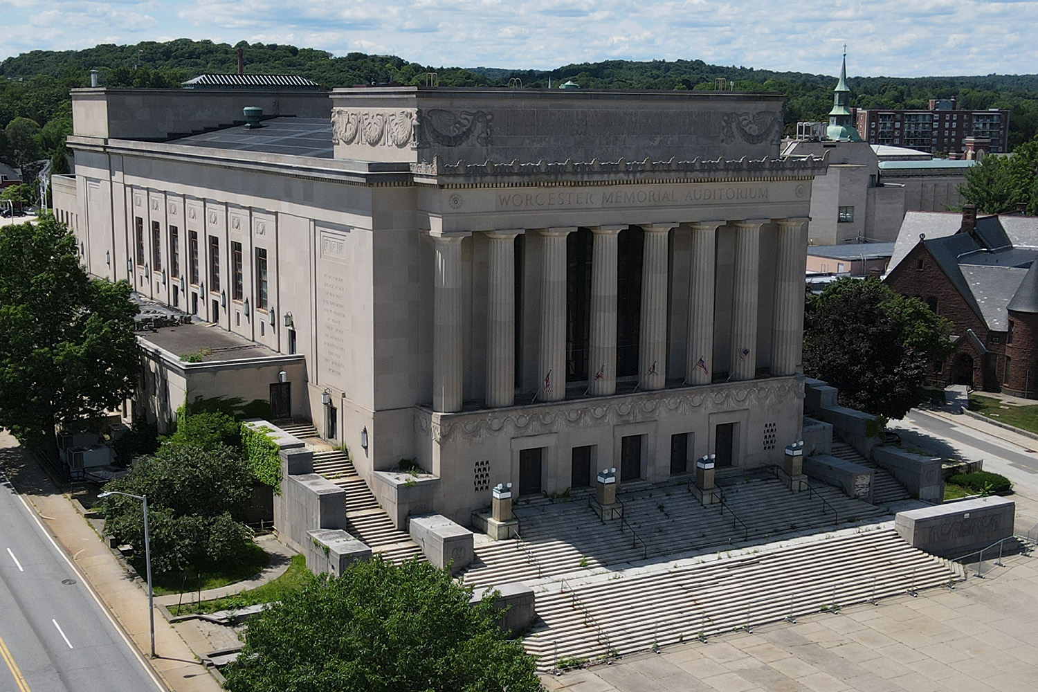 Worcester Memorial Auditorium as seen at an angle on Main Street