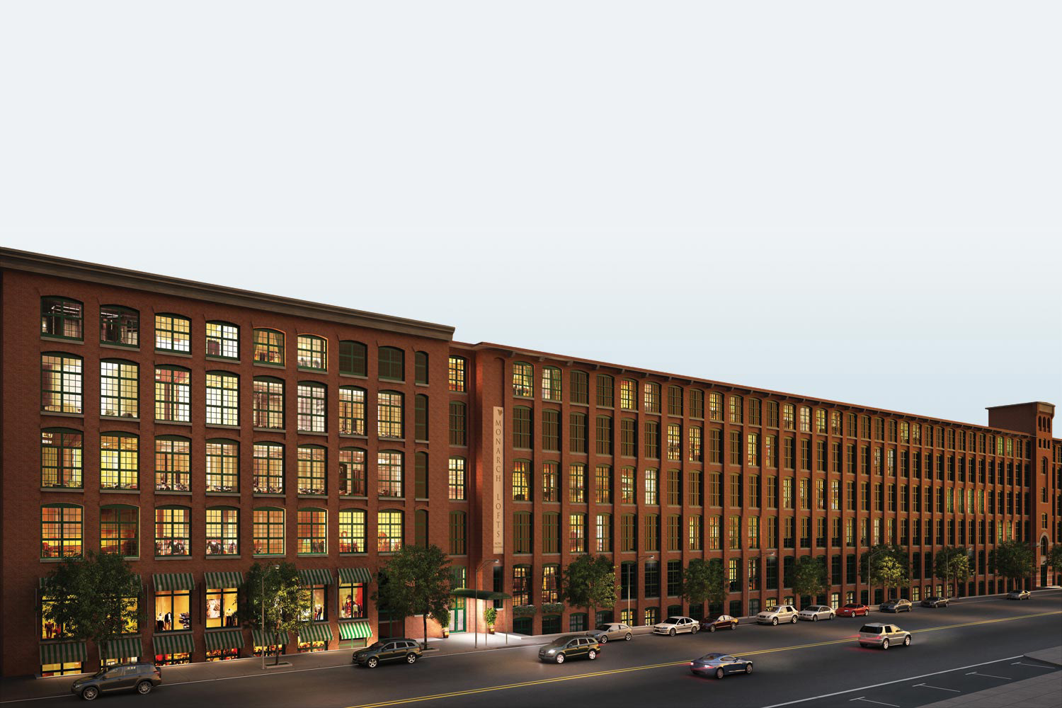 Monarch Lofts exterior as seen at dusk