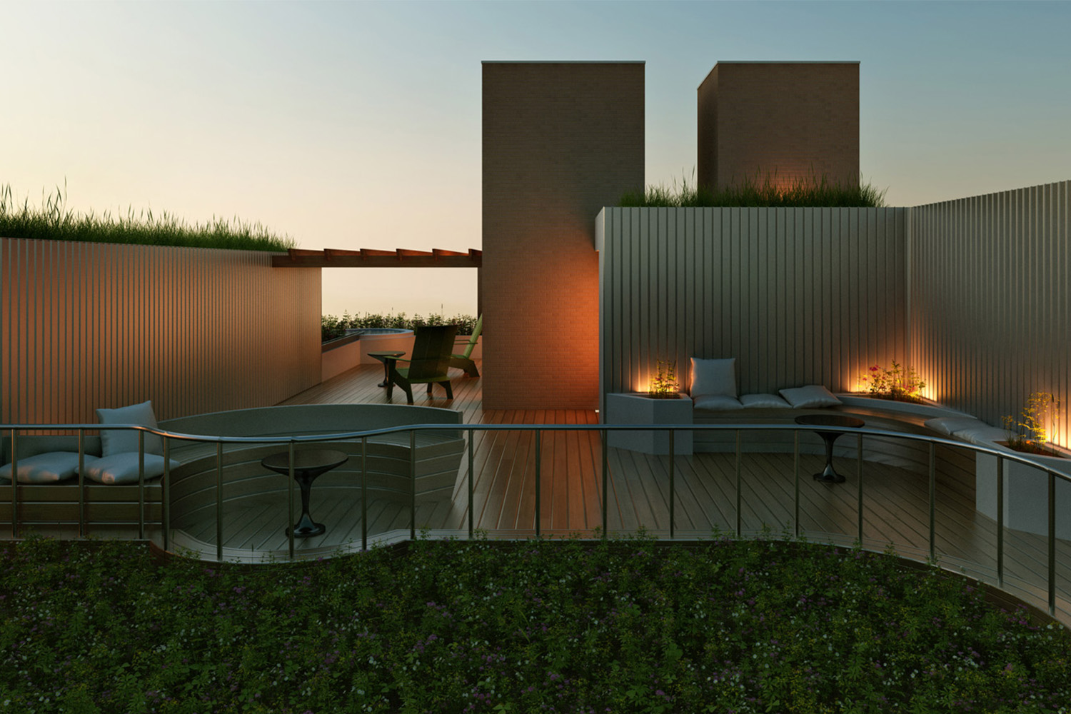 Roof deck at dusk, with ambient light fixtures