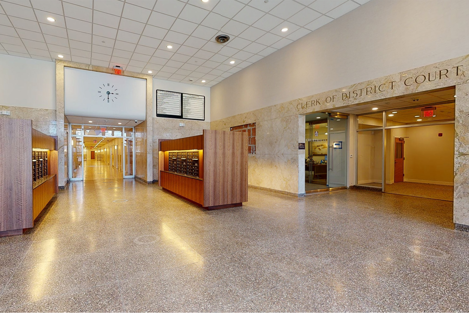 Matterport of mail room and lobby of Courthouse Lofts