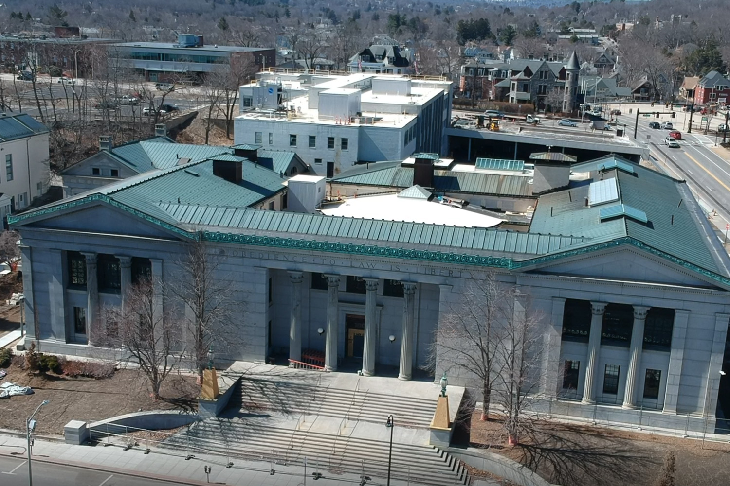 Drone view of Courthouse Lofts during construction