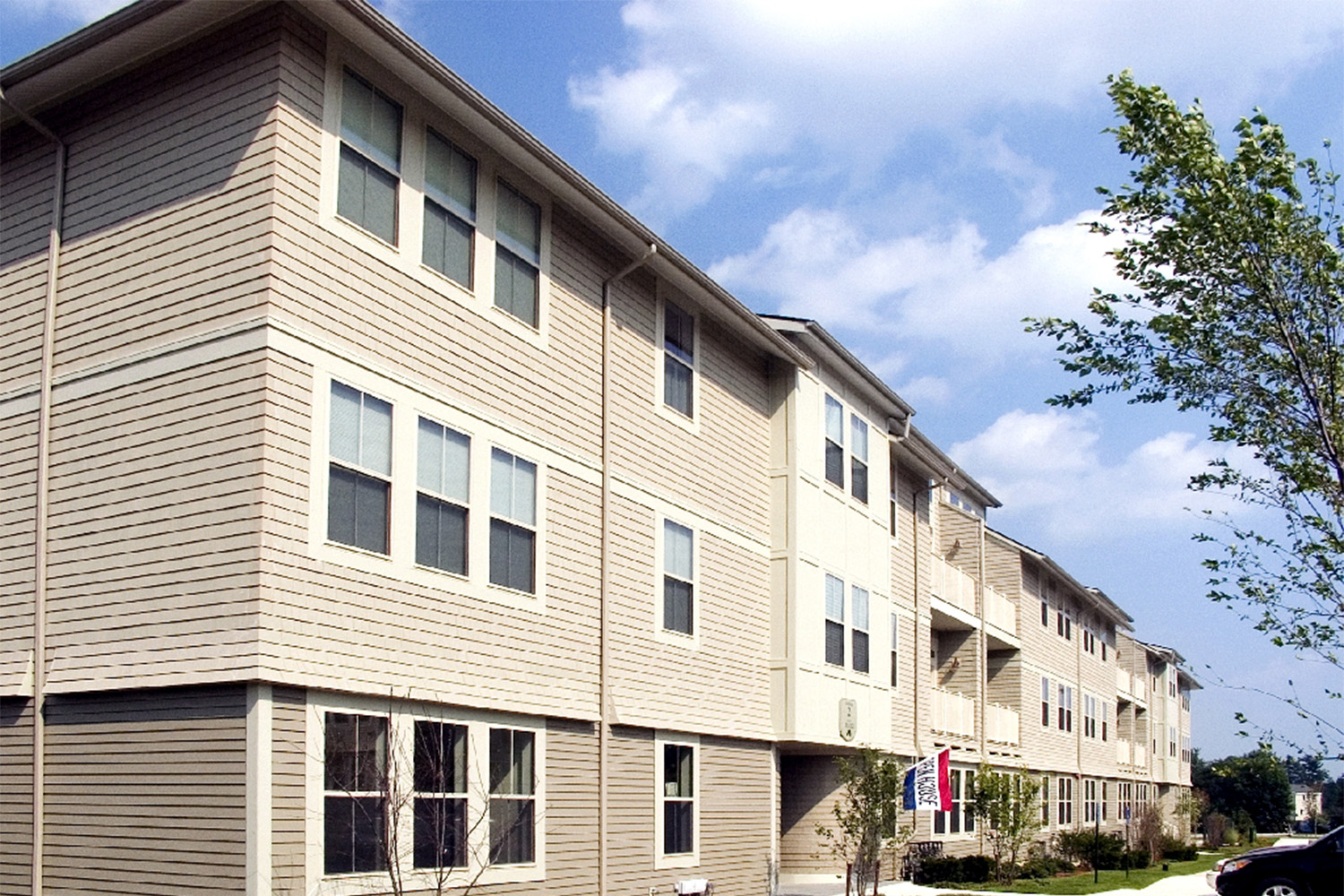 Facade of condominiums seen at an angle