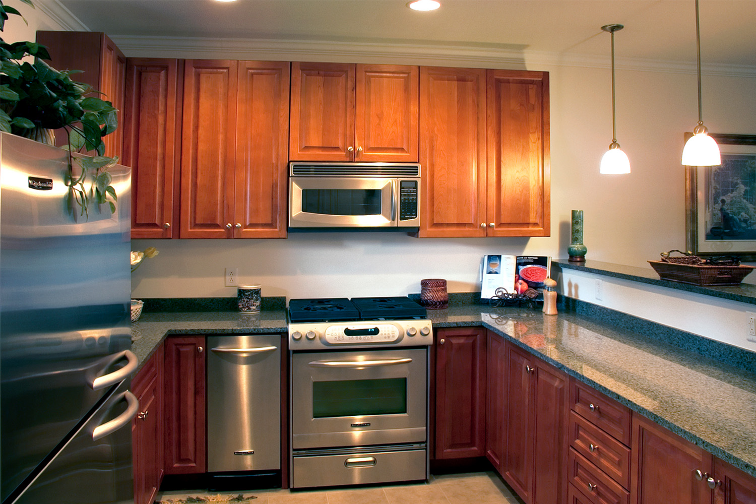 Simple kitchen with steel appliances and wooden cabinets 