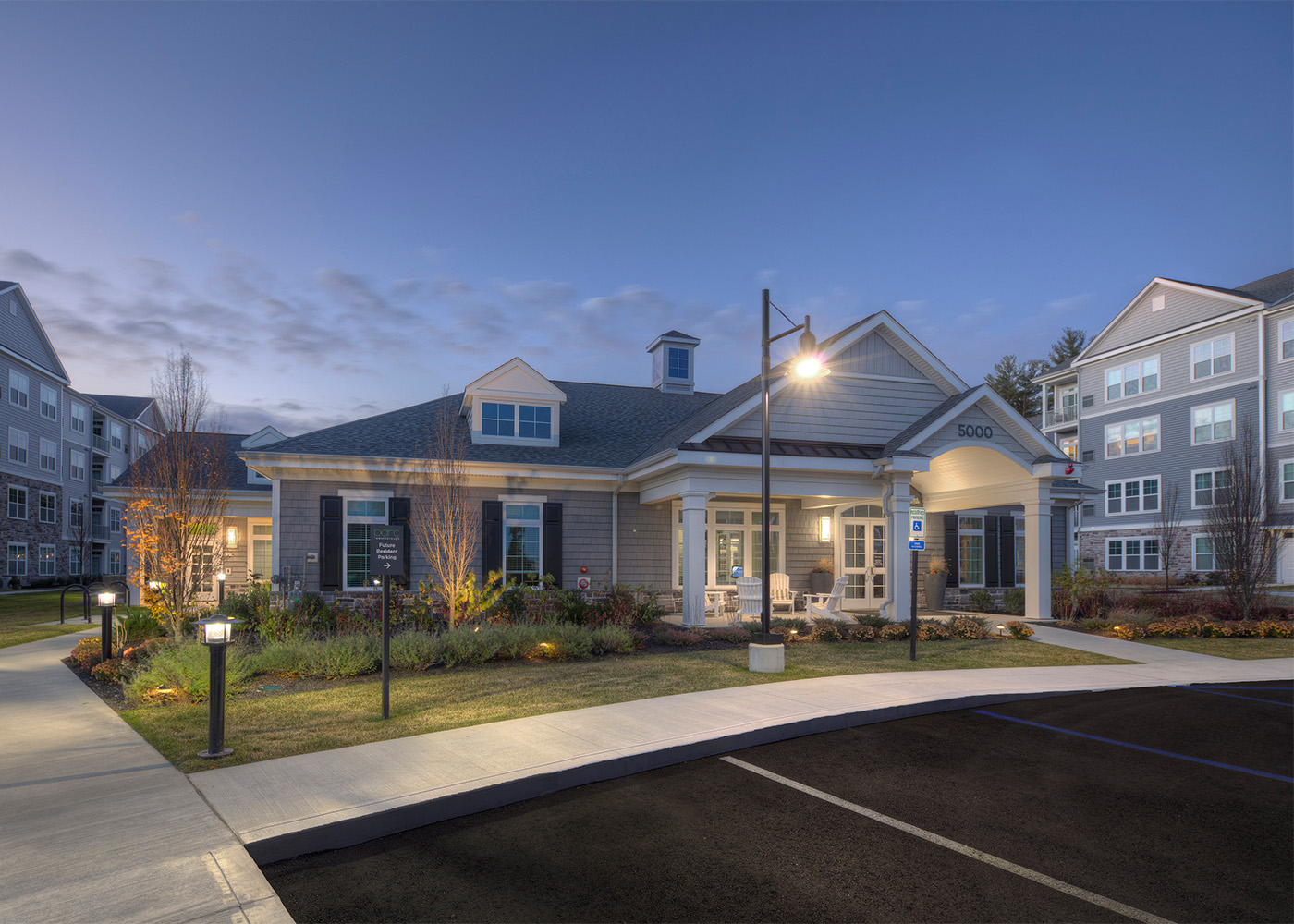 Entrance to Parc Westborough seen at dusk 