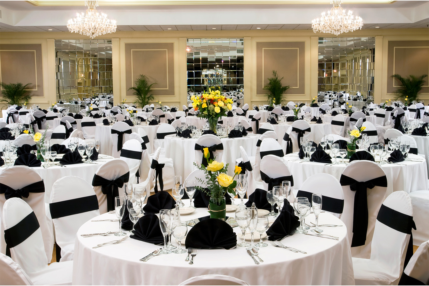 Vast ballroom area with elegant dining arrangement 