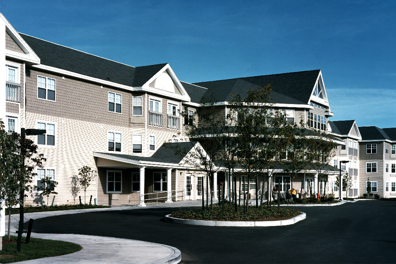 Façade of apartment/living facilities at VNA, from an angled distance