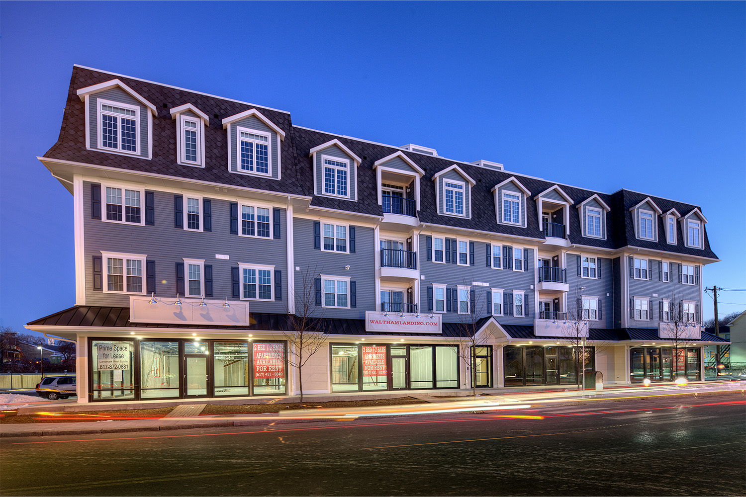 Frontal view of exterior at dusk