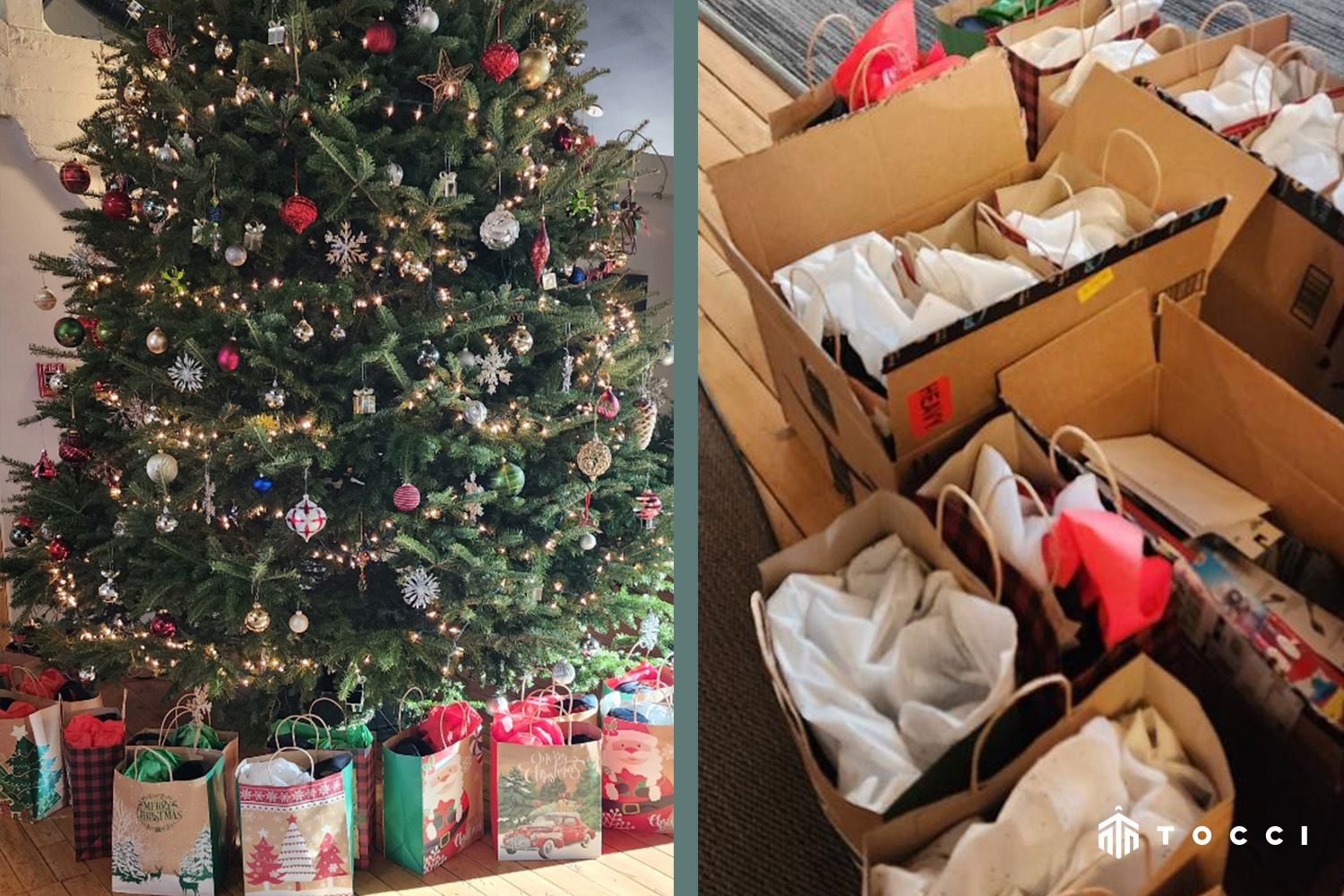 Pictures of tree and closeup of presents for Straight Ahead Ministries