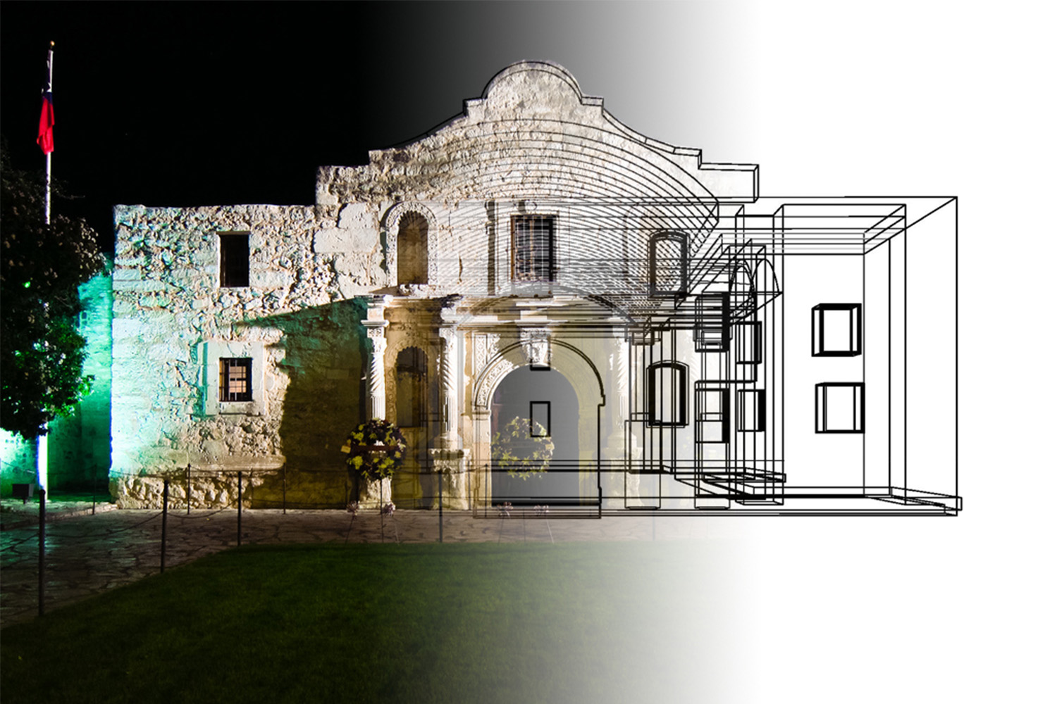 A constructed building, with one side drawn in blueprint style