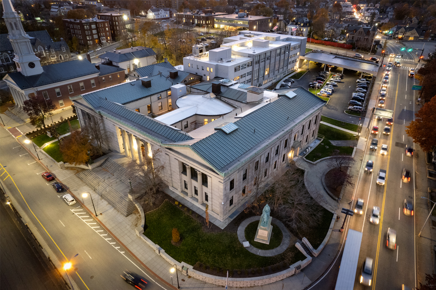 drone view of courthouse lofts at dusk 