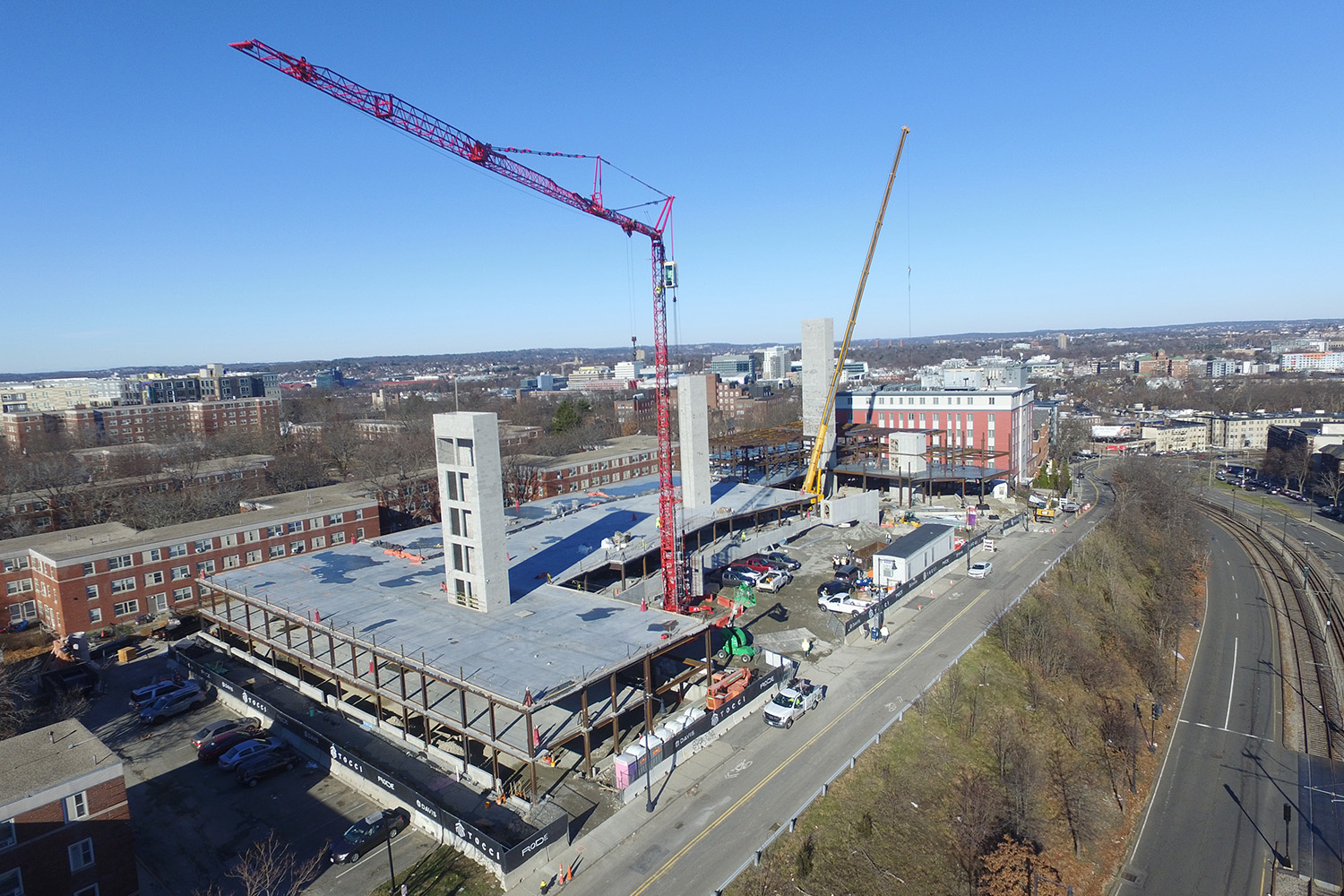 A red tower crane at 1515 Commonwealth Ave