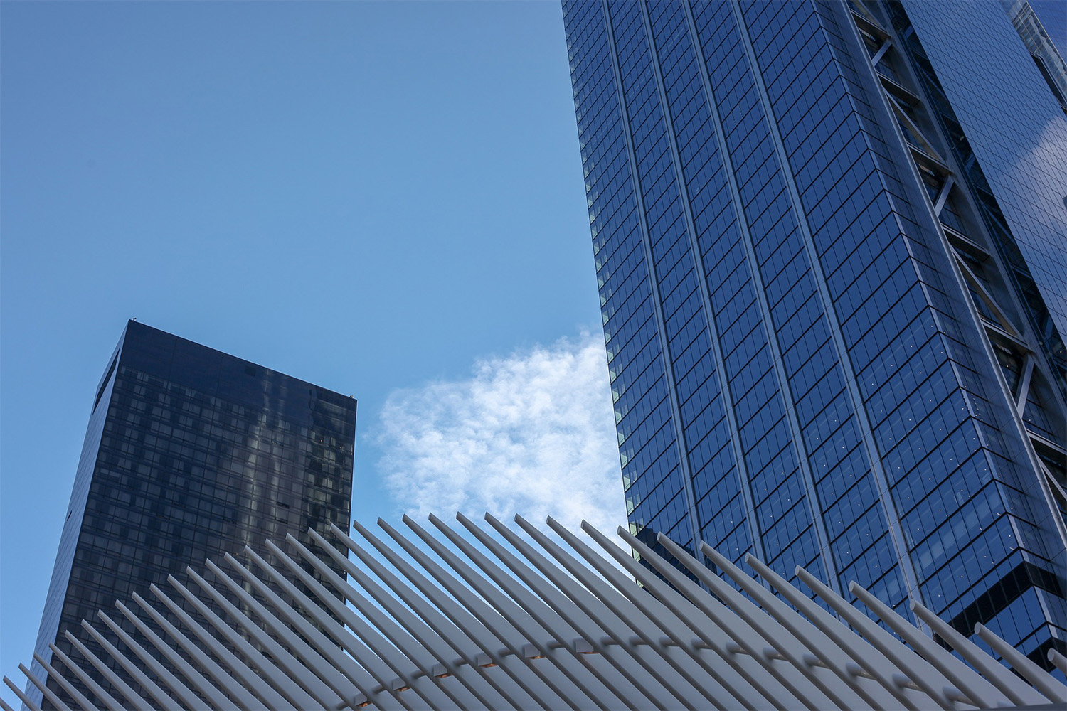 worm's eye view of the One World Trade Center in NYC
