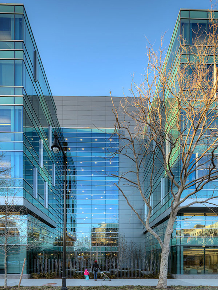 Entrance of 225 Binney, with entrance in-between the 2 main parts of the building 