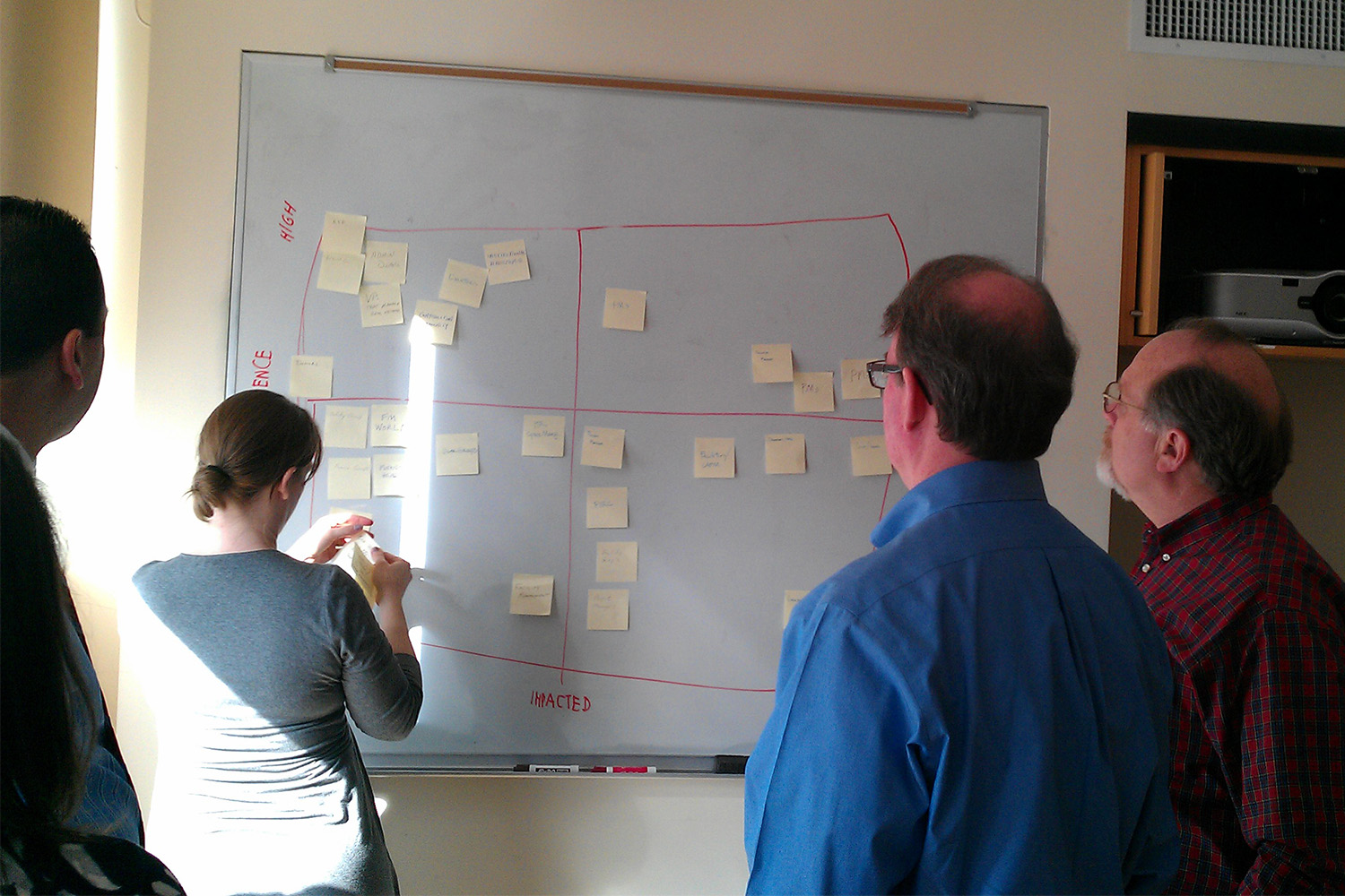 Tocci employees having discussion while putting yellow post-it-notes on a whiteboard