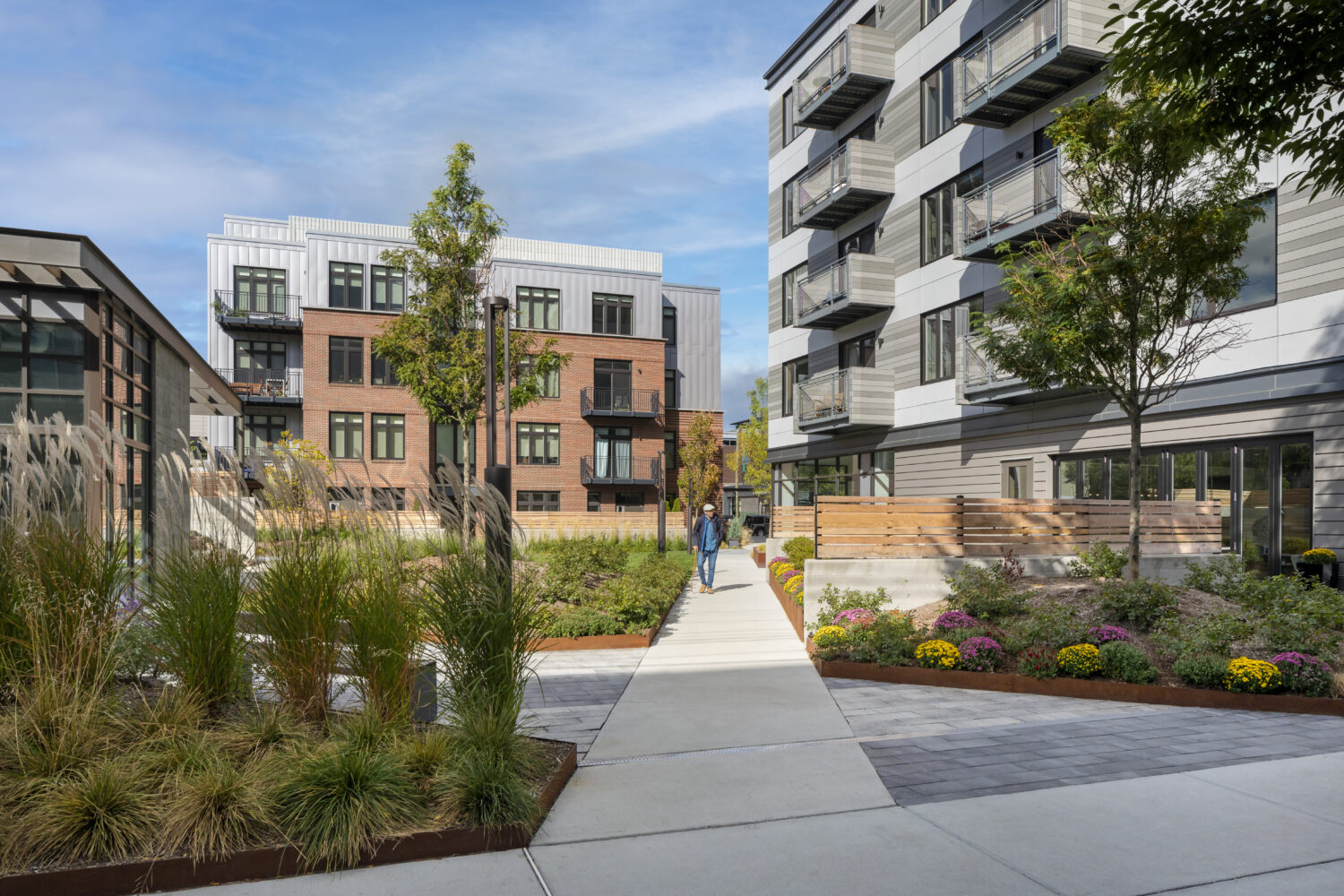 courtyard at Flats on First, with a sidewalk and trees in the center 