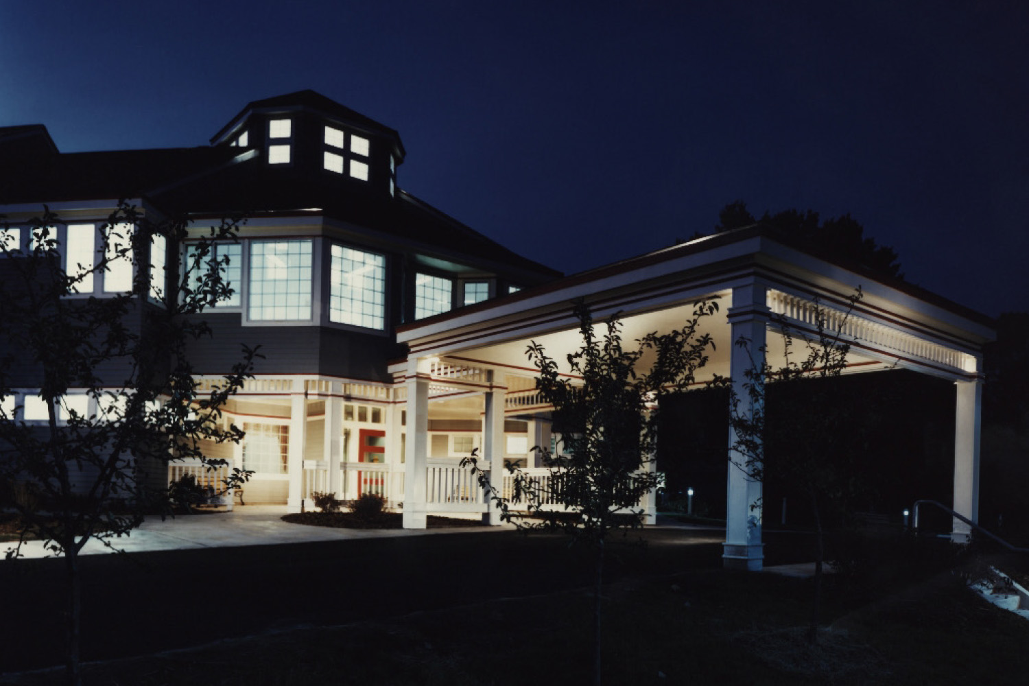 Entrance of Meadowbrook, seen at nighttime