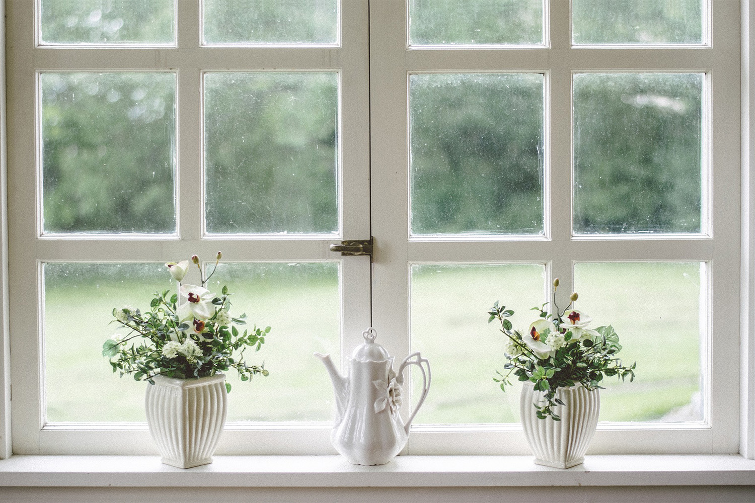 window with white panes, and potted plants on window sill 