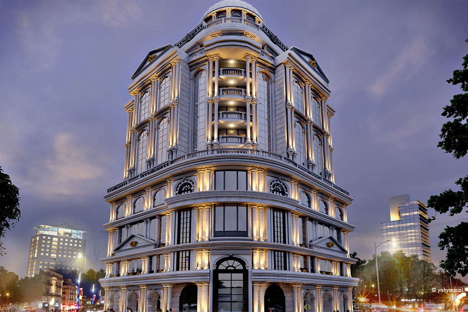 corner view of a tall white building