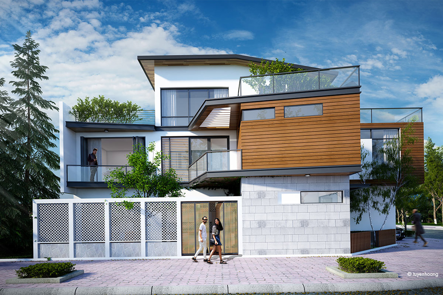 a white modern house in bright sunlight