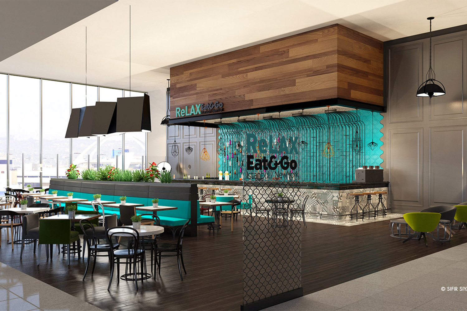 bar area with teal lighting