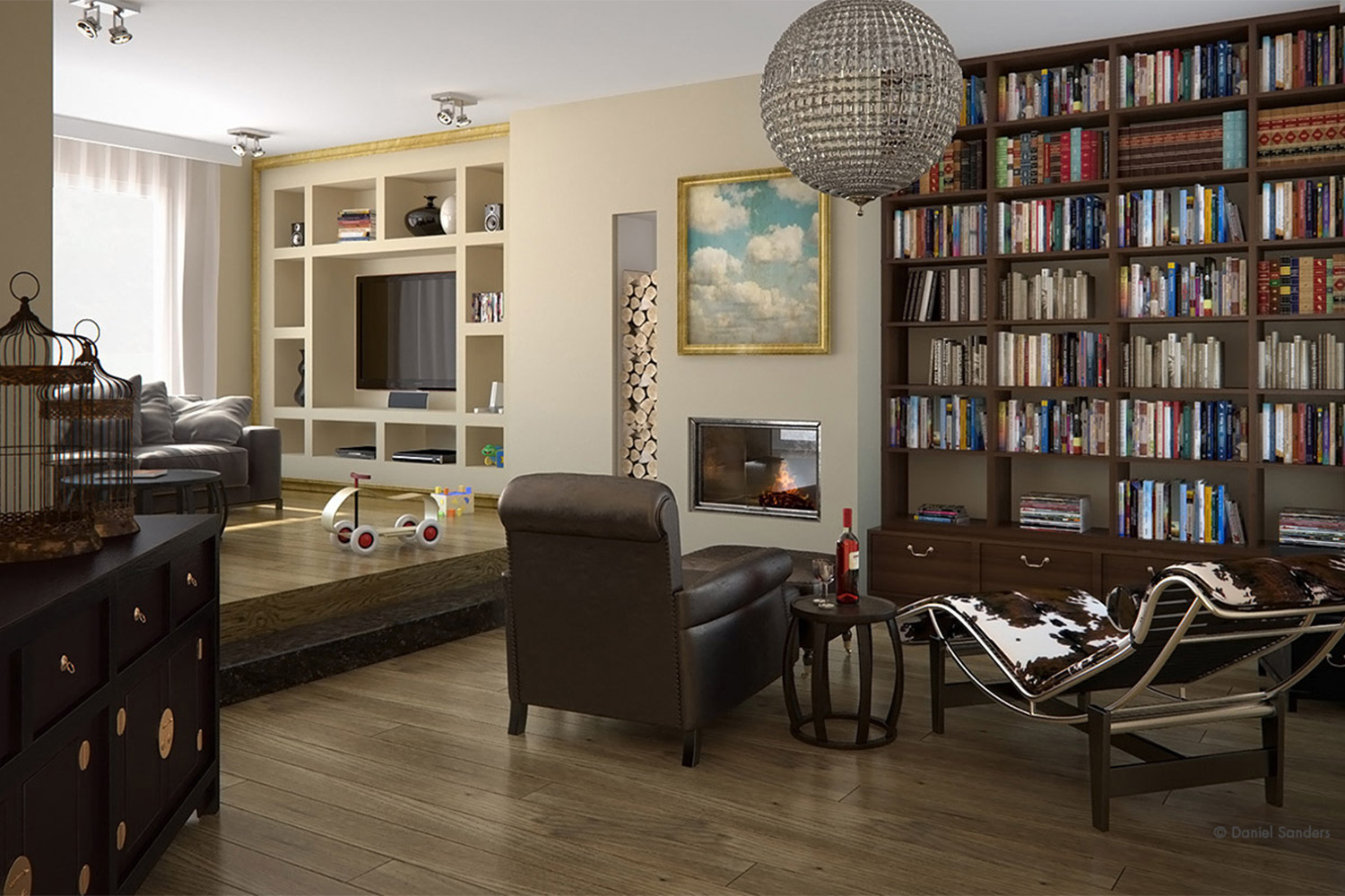 room with modern light fixture and big bookcase 