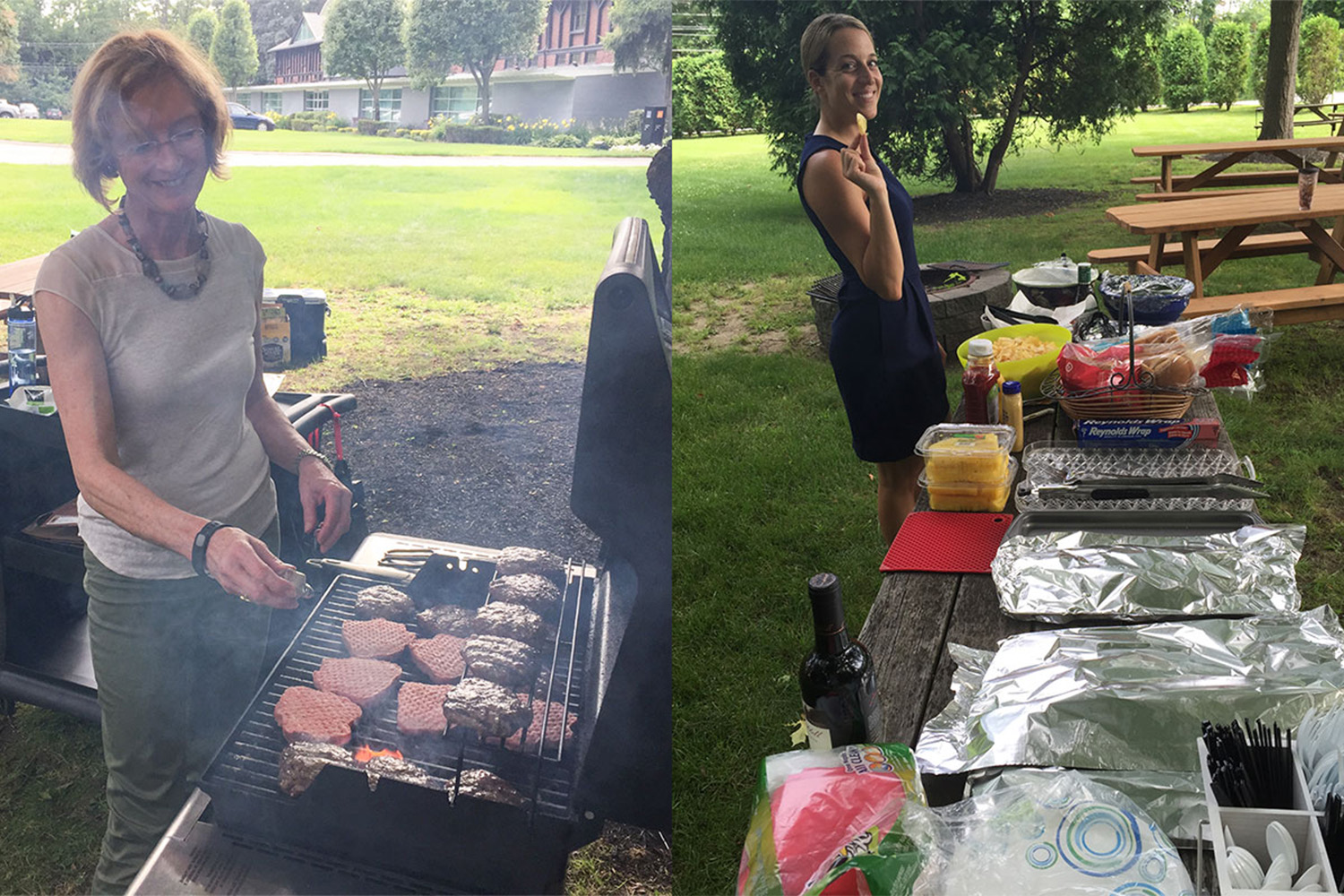 Lila grilling burgers, while Tia prepares snacks 