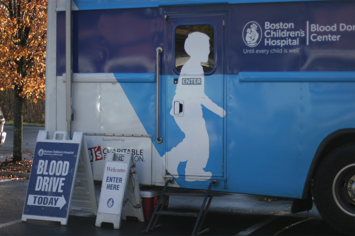 zoomed in view of entryway into blood donation bus 