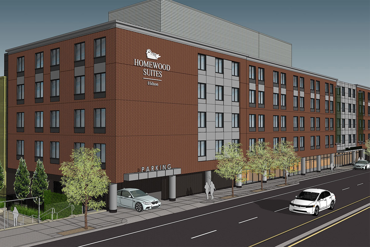 Rendering of back side of Homewood Suites