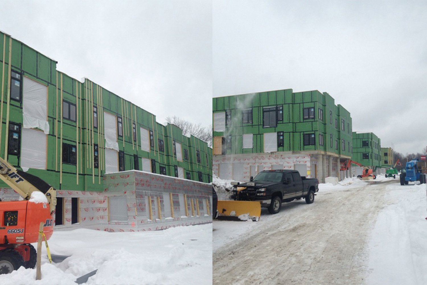 2 pictures of the Brookside Tocci construction site, with snow covered ground