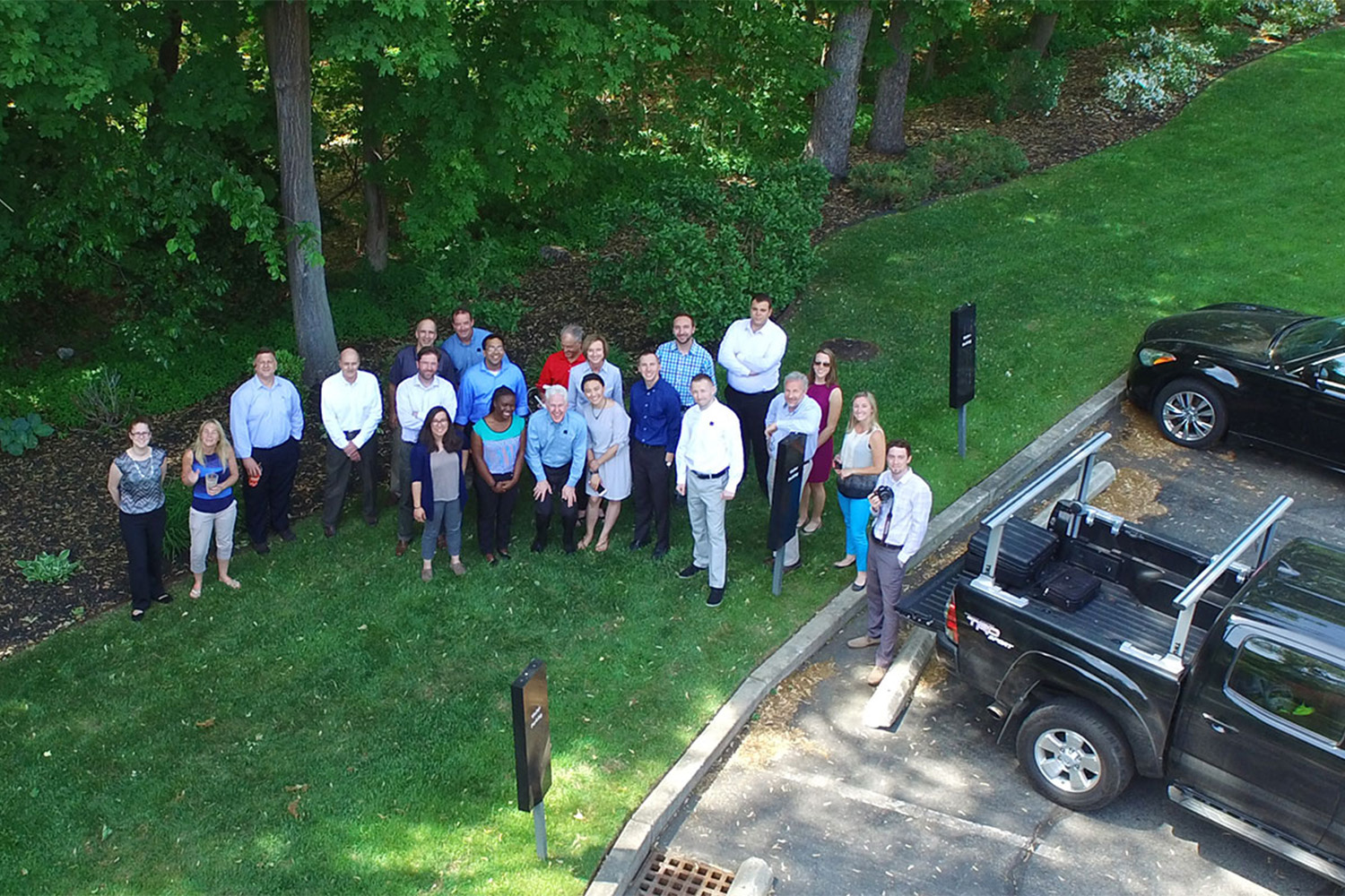 Tocci employees pose for group photo - photo taken by drone 