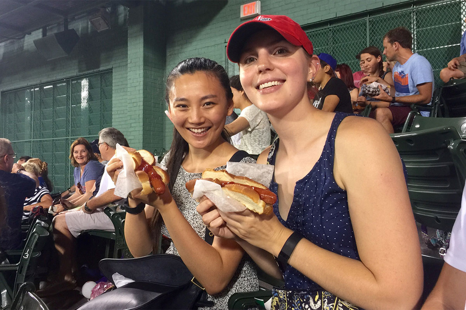 Xiaoxiao and Joanne enjoy Fenway franks in Boston