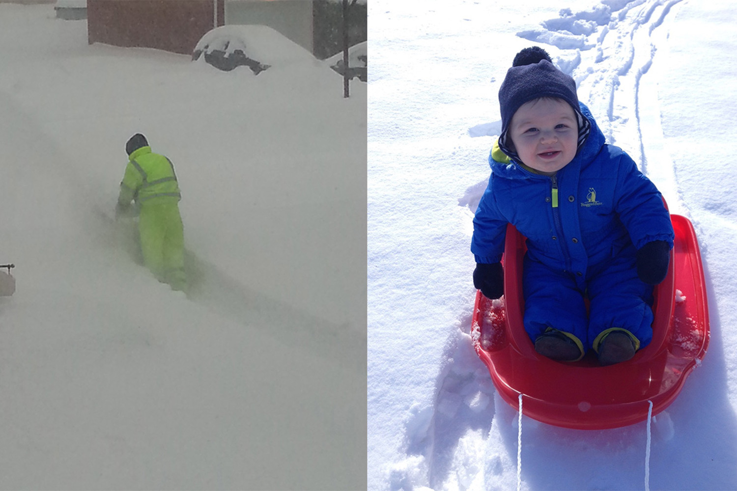 Tammi's husband Rob takes a snow blower to the sidewalks while Katie's son, Michael, gets some sledding in.