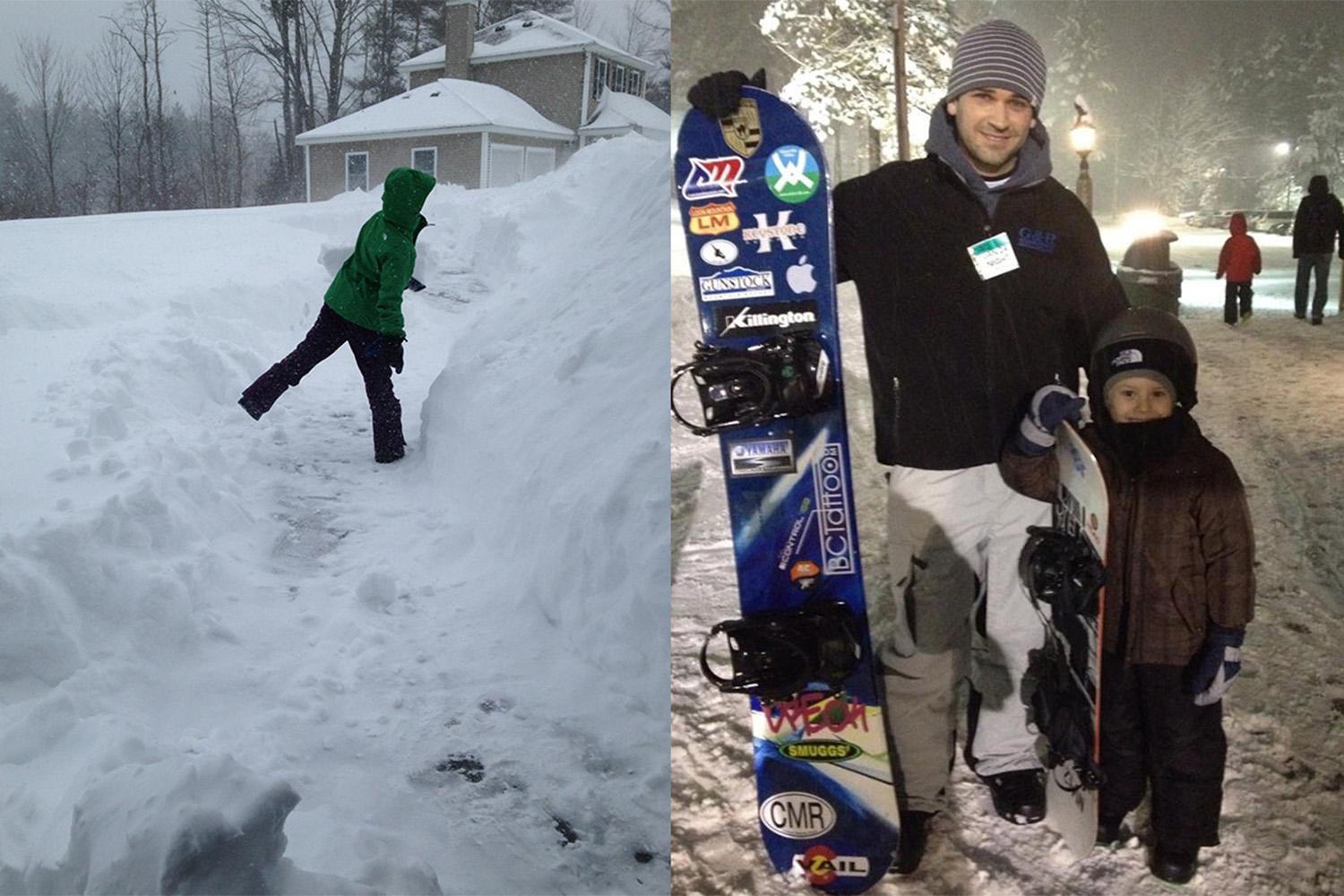 After spending 4 hours shoveling, Jason and his son, Nathaniel, took to slopes for some snowboarding.