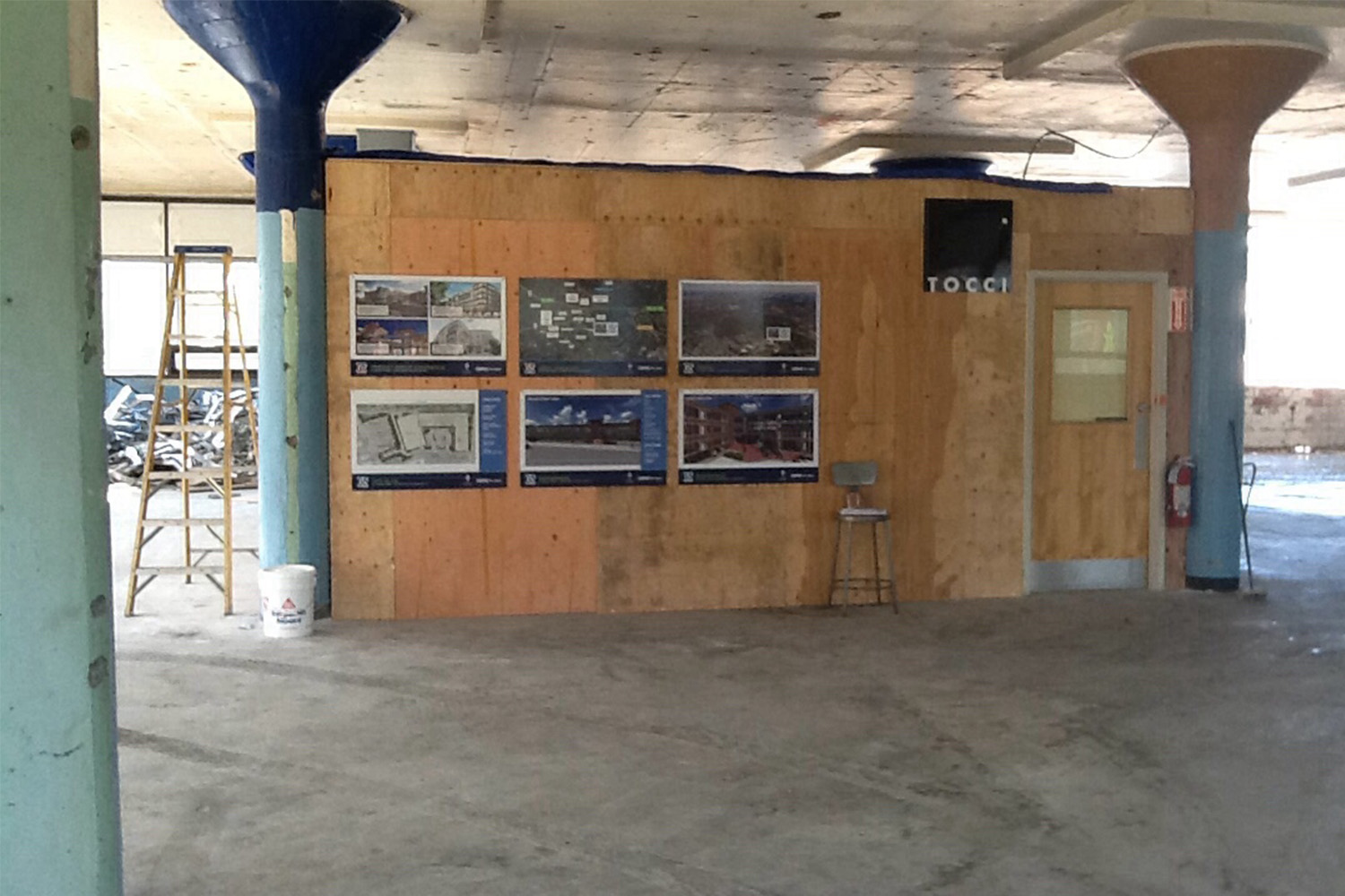 front reception area between industrial poles 