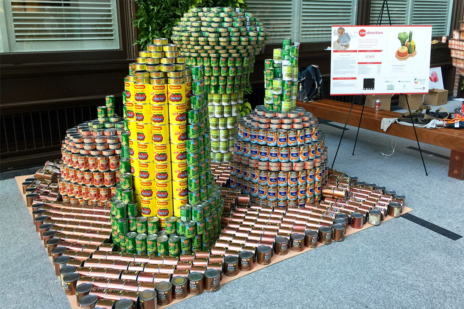 various cans in a structure looking like vegetables