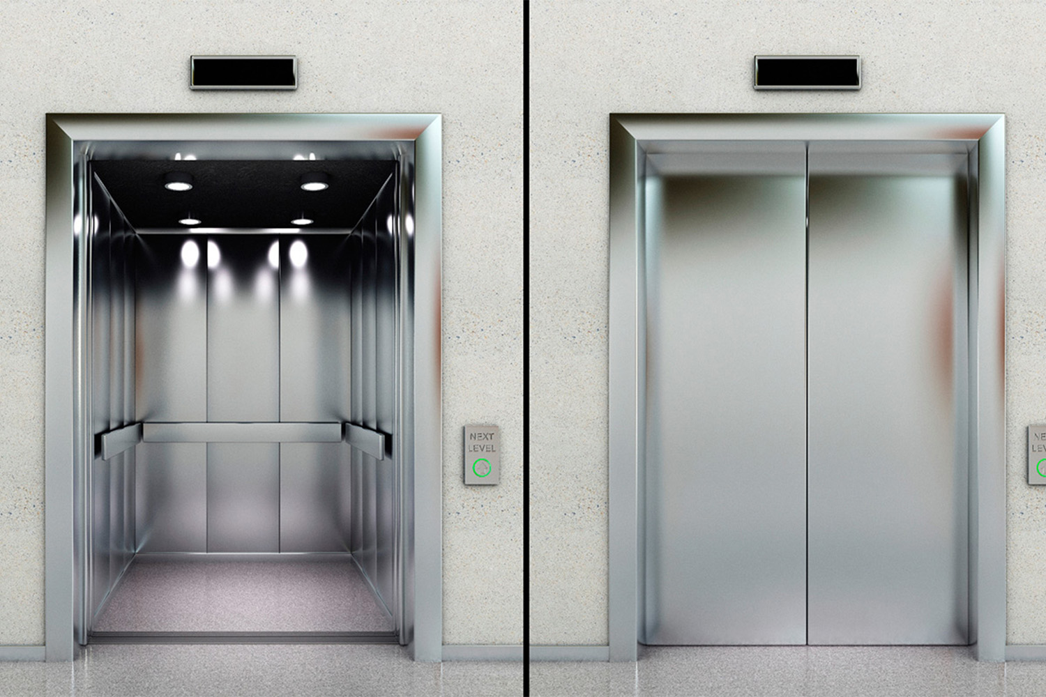 2 images of a silver elevator - one opened, one closed 