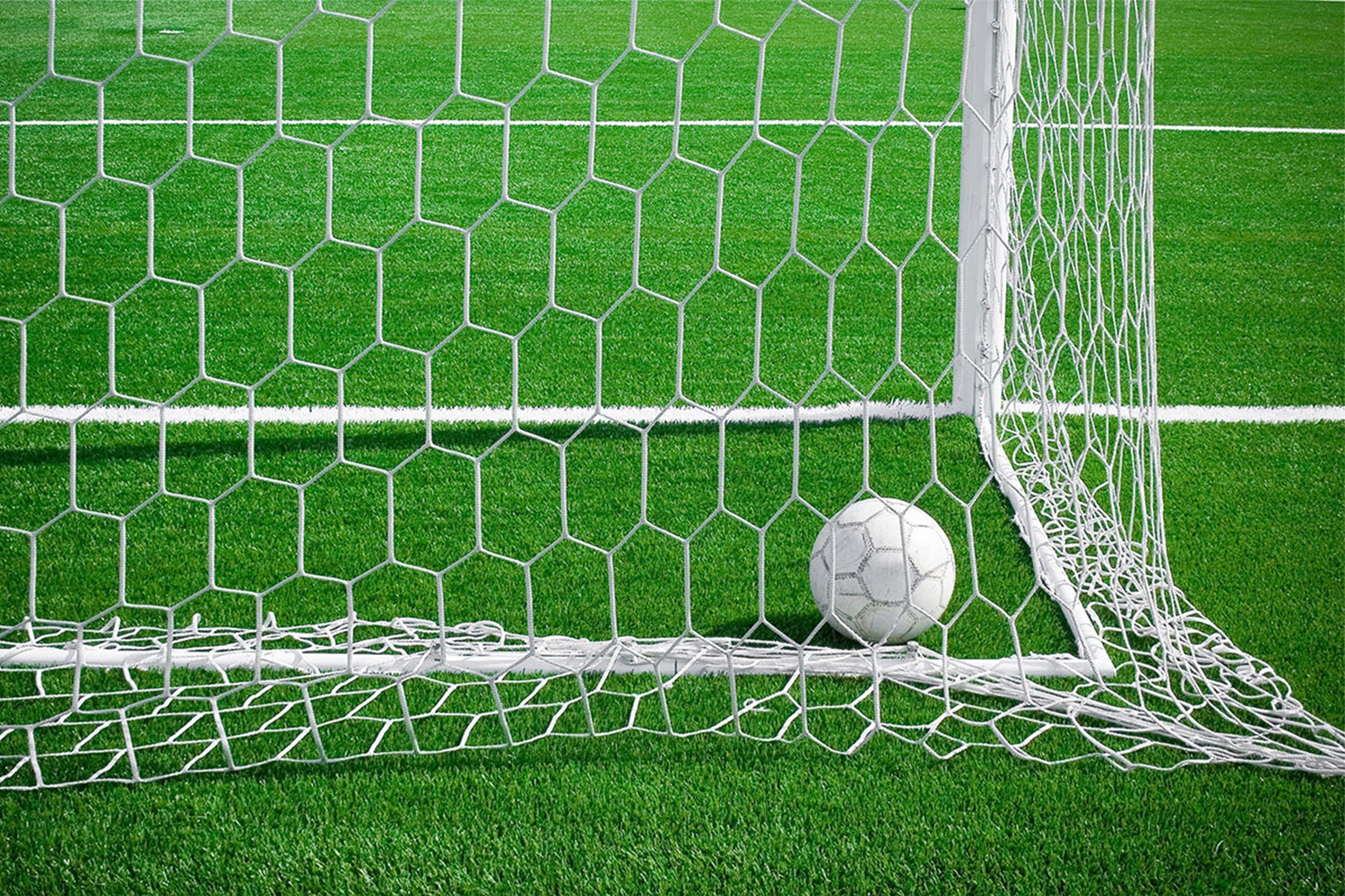 a soccer goal post on a lush green field 