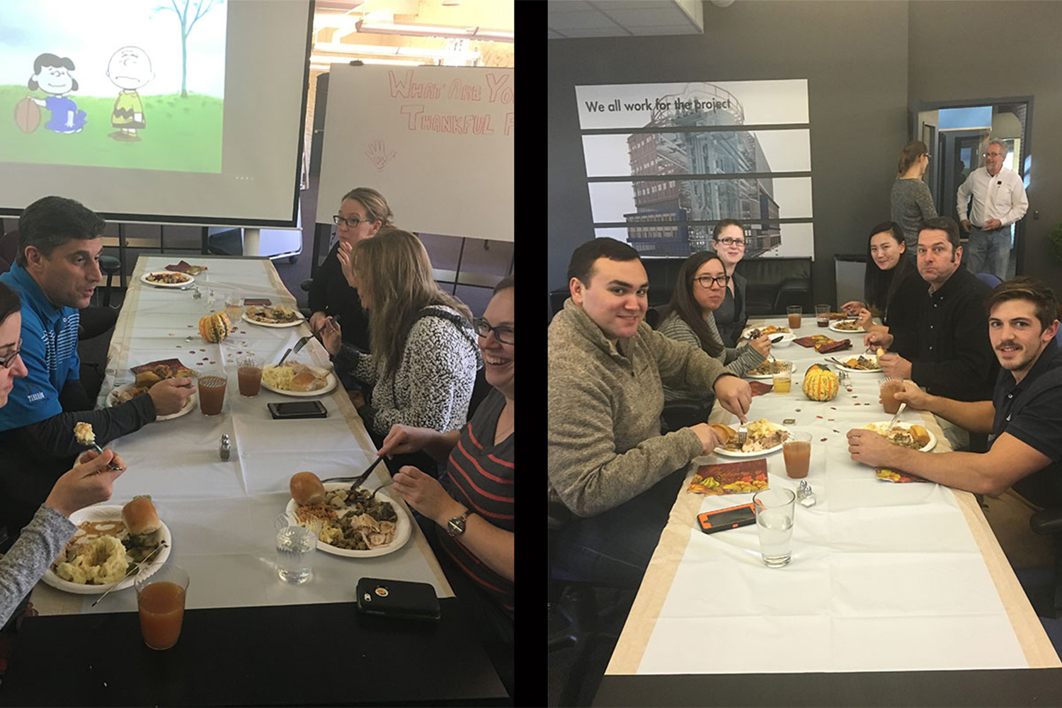 Tocci employees chat while enjoying Thanksgiving meal