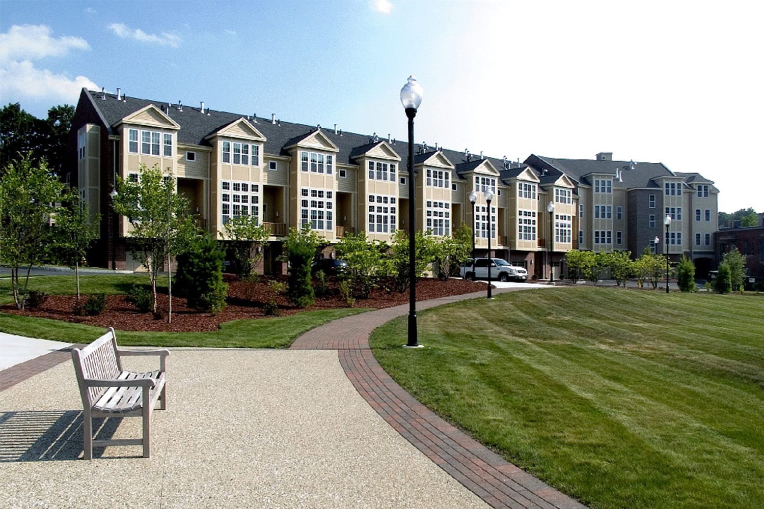 Powder Mill Square with walkway out front and lamp post