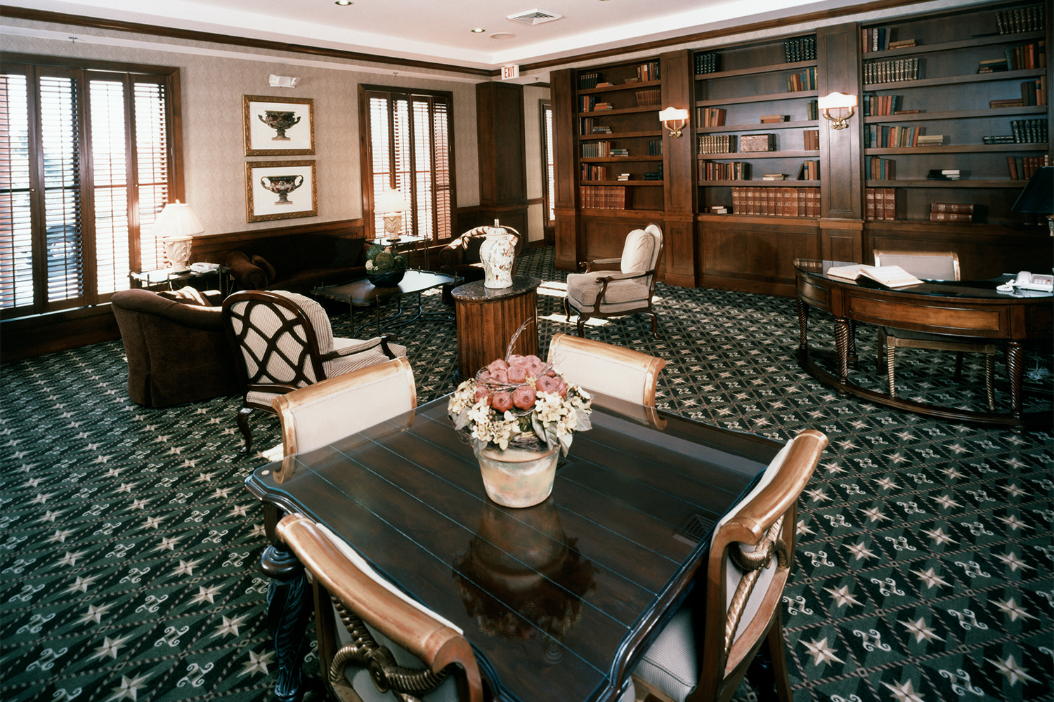 dining area with emerald carpets 