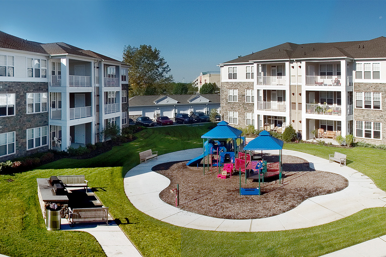 Aerial view of the Roosevelt Center with a playground out front