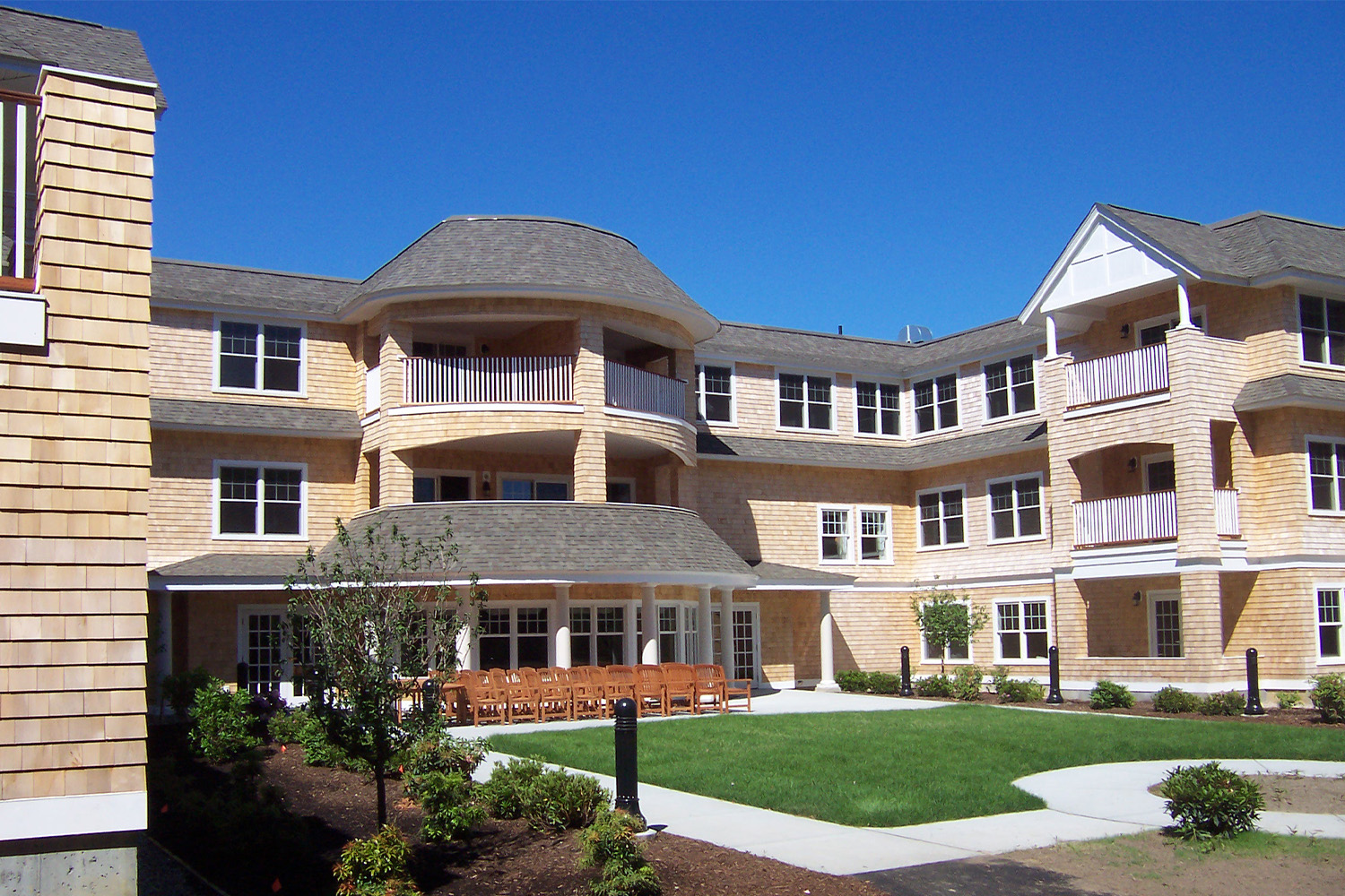 exterior view of Orleans Place, with sunlit roof 