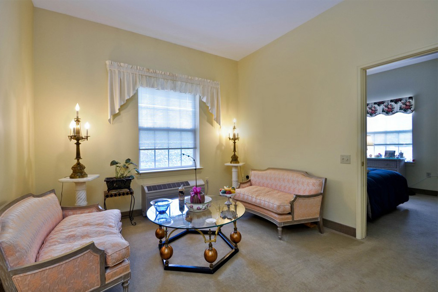 pale yellow walls and salmon pink couches