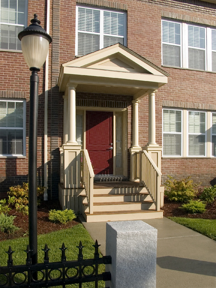 View of entrance with overhead arch at Powder Mill Square 